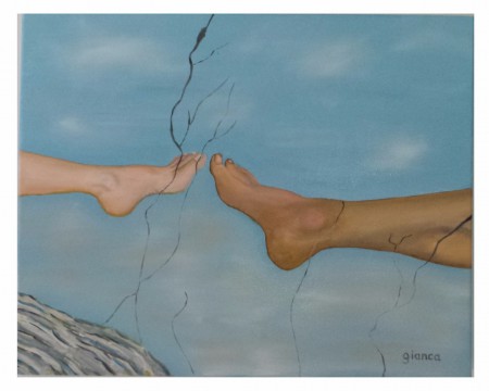 L'APPEL DU PIED : huile sur toile, 40 cm x 50 cm, février 2015. Clin d'oeil à Michelange (La Création)